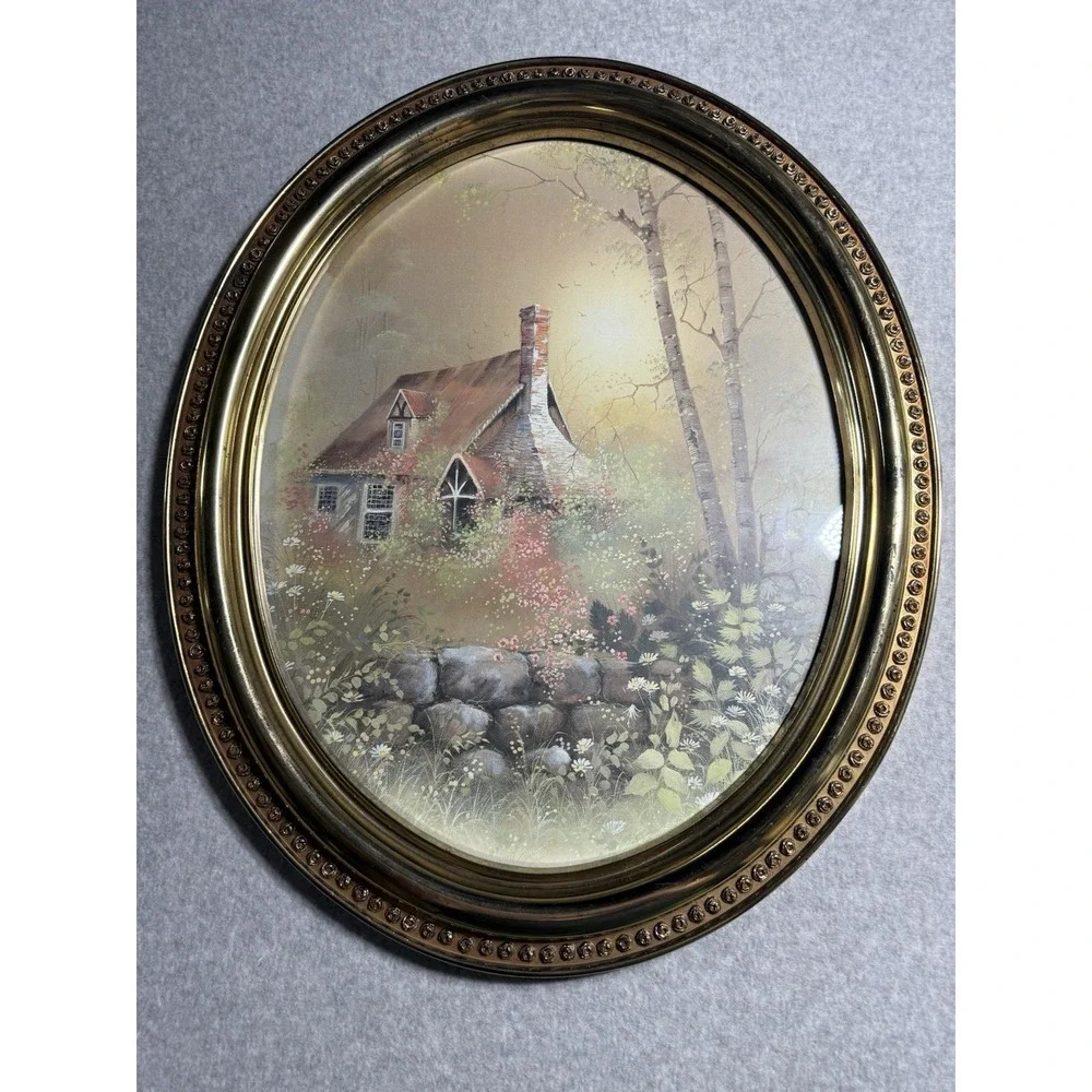 Vintage Syroco 1982 Oval Gold Plastic Picture Frame Cottage In Forest Birch Tree
